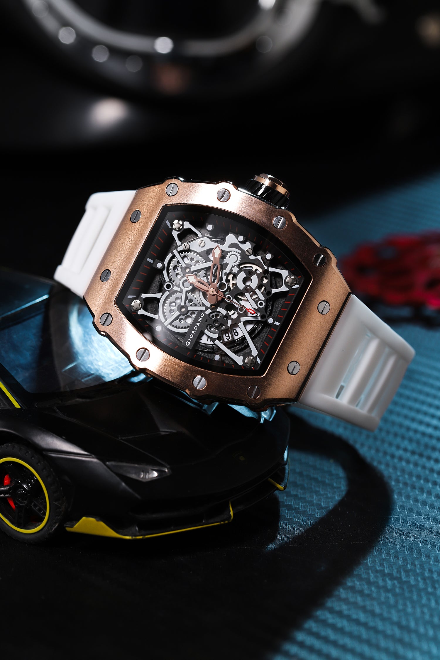 Giordano Analog Watch for Men - Skeleton-Style Dial | Brushed Steel Case with Silicone Strap | GZ-50127-04